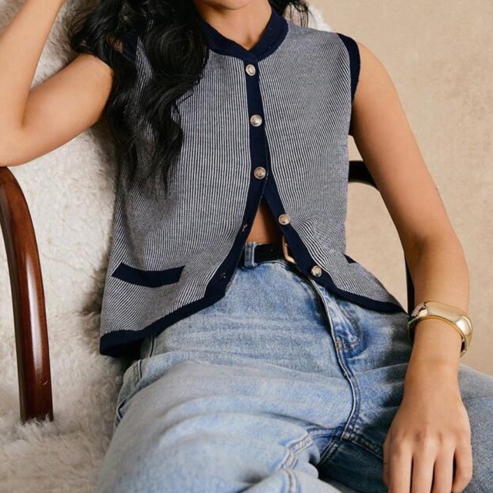 Women’s Button Down Vest - Navy and White